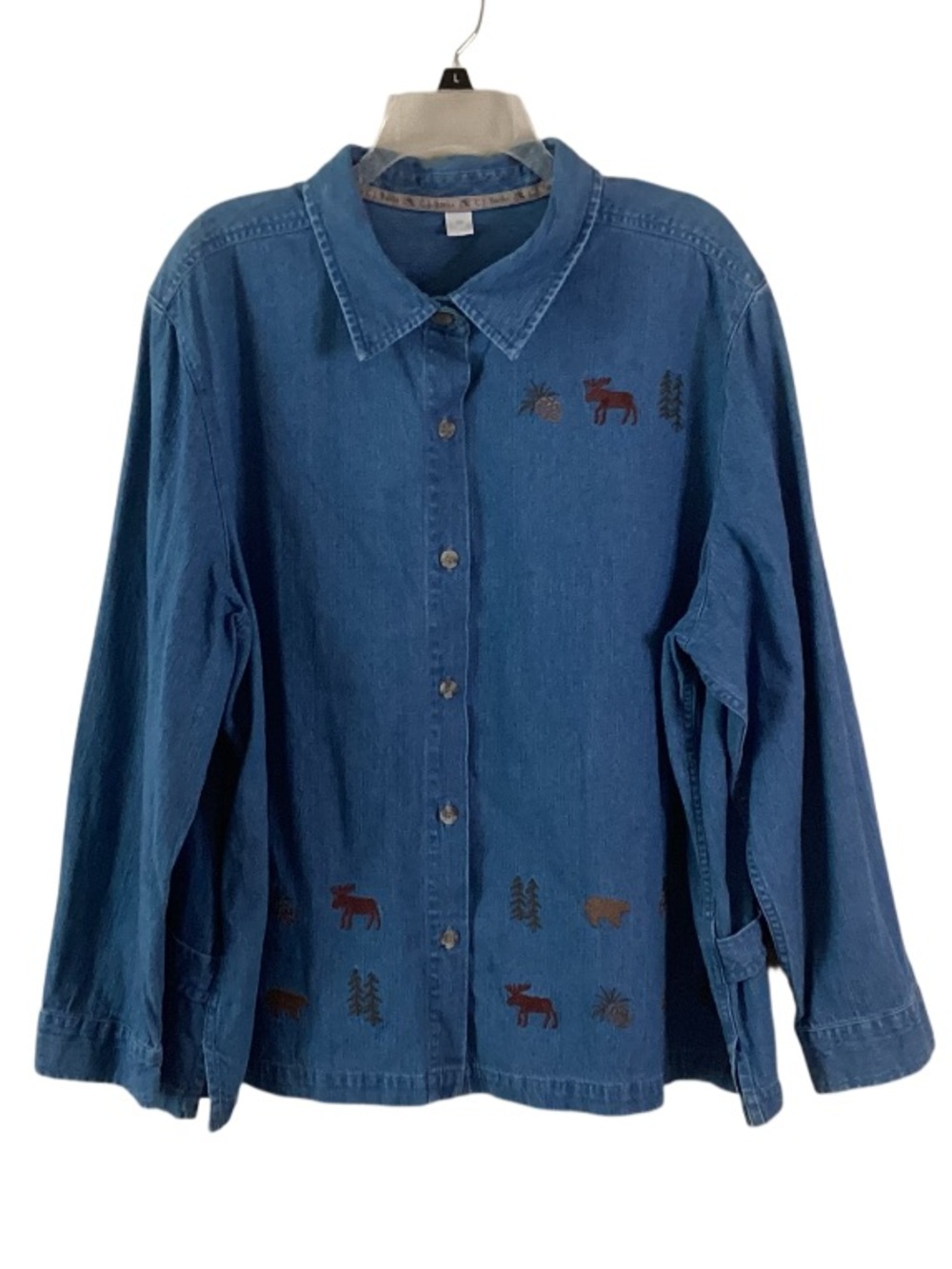 CJ Banks Blue Denim Button-Front Shirt with Woodland Moose Bear Embroidery 3X